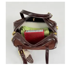 Retro contrast color Boston bag suede and patent leather top handle handbag commuter style
