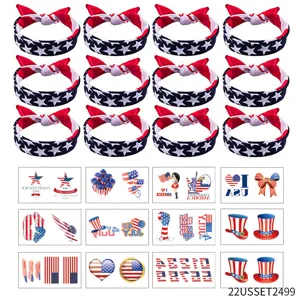 Detailed view of US Independence Day patriotic headbands and assorted temporary tattoo stickers.