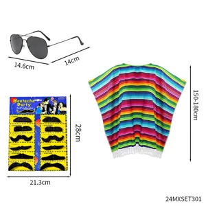 Ensemble de costume de poncho rayé arc-en-ciel mexicain avec lunettes et faux mustaches.