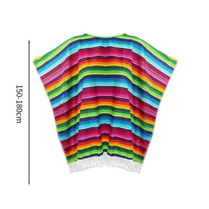 Poncho mexicain à rayures colorées avec franges, cape arc-en-ciel traditionnelle.
