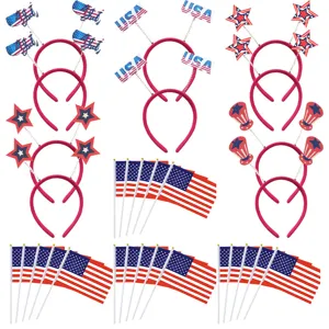 Detailed view of USA Independence Day party headbands and small flags set for celebration.