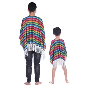 Ensemble de cape poncho mexicaine à rayures colorées avec franges pour adultes et enfants.