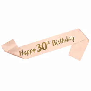 Pink satin birthday sash with gold foil Happy 30th Birthday text for women 30th party decor.