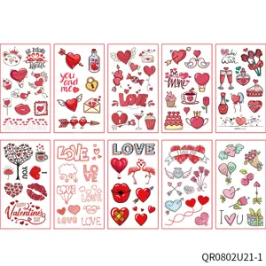 Set di fogli di adesivi a cuore per San Valentino con vari motivi d'amore e testi.