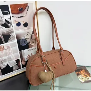 Korean style trendy brown canvas shoulder underarm bag for women, retro casual baguette.