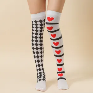Women over knee high stockings asymmetric checkerboard and heart patterned socks 1pc