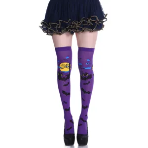 Halloween over the knee stockings purple bat moon print thigh high costume socks for women