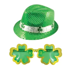 St. Patrick's Day green sequin fedora hat and shamrock glasses party set for festival celebration.