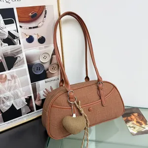 Korean style brown fabric underarm shoulder bag for women, fashion casual baguette handbag.
