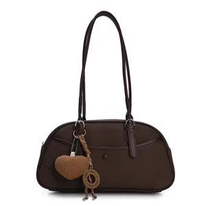 Brown shoulder bag for women vintage baguette bag stylish commuter handbag with heart charm