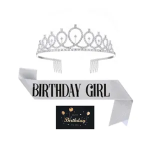 Birthday tiara and silver glitter sash set for women girls party decoration accessories.