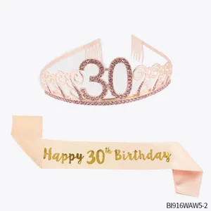 Rose gold 30th birthday tiara and sash set with rhinestones for women party celebration.