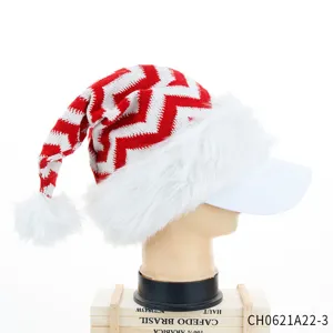 Lange Weihnachtsmütze für Erwachsene mit rot-weißem Zickzack-Strick, Plüschrand und Schirm.