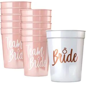 Bachelorette party team bride plastic cups, pink and white cups for bridal shower.
