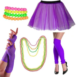 1980s retro party costume set including purple tutu skirt fishnet gloves colorful beads.