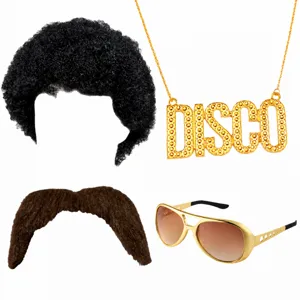 70s Disco Party Costume Props Set Afro Wig Gold Necklace Fake Mustache Sunglasses