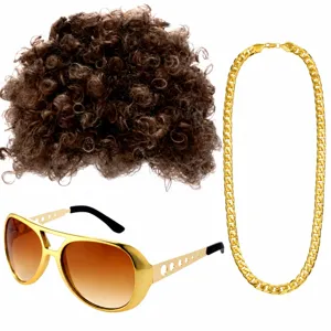 70s disco party costume accessory set including fluffy afro wig, gold sunglasses and chain.