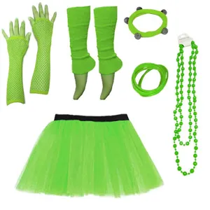 1980s neon green party costume detail set, fishnet gloves, tutu skirt and accessories.