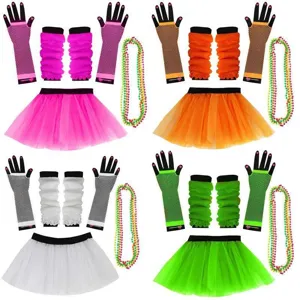 1980s retro party costume set with tutu skirt, fishnet gloves, leg warmers and beads.