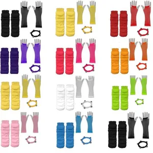 Detailed view of 1980s retro leg warmers, fishnet gloves and ring sets in vibrant assorted colors.