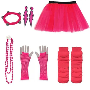1980s neon pink party costume set including tutu skirt fishnet gloves leg warmers and accessories