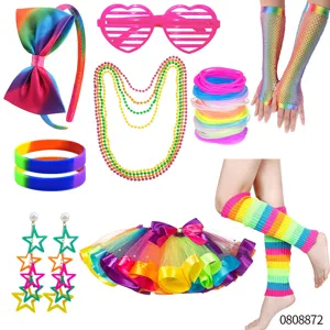 1980s retro rainbow party costume set with tutu skirt, fishnet gloves and accessories