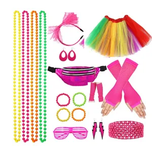 1980s retro party costume set including colorful bead necklaces, tutu skirt and fishnet gloves.