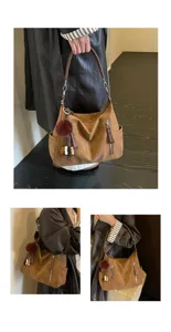 Bolso de hombro vintage coreano de gran capacidad, bolso tote informal de color sólido.