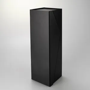 Black tall gift box for wine packaging, sturdy folding cardboard luxury presentation box.
