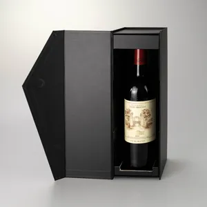 Detail shot of a luxury black folding wine gift box with a secure inner lining and display bottle.