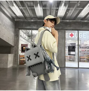 Detailed view of the cute grey cartoon cat backpack with cross eyes and playful design.