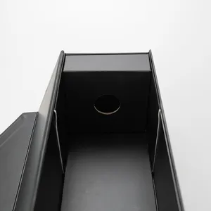 Black folding wine gift box detail view, showing interior structure and circular cutout slot.
