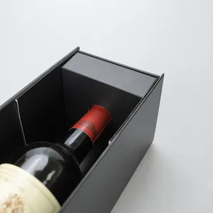 Black gift box with wine bottle insert detail view, premium packaging solution for red wine.