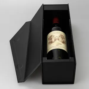 Detailed view of black folding wine box, premium gift packaging for red wine bottles.