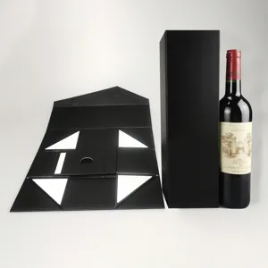 Black foldable gift wine box packaging, integrated hard paper card design for wine bottles.