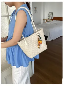 Minimalistische effen geweven shopper tas, grote schoudertas voor dagelijks gebruik.