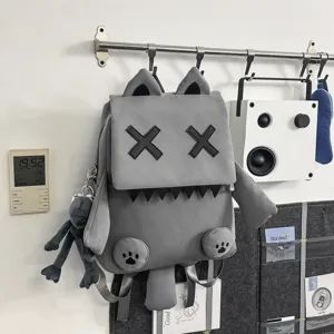 Grey cute cartoon backpack with XX eyes, stylish school bag for students and travel.