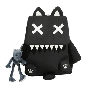 Cute black cartoon backpack with X eyes and teeth, stylish casual school bag for kids and travel.