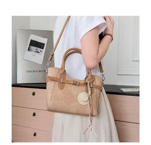 Fashion retro contrast color canvas shoulder bag for women summer casual commuting handbag tote