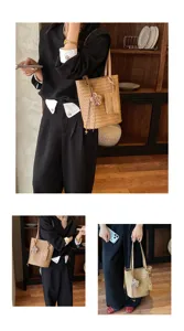 Chic woven tote bag for women, stylish commuter shoulder bag with cute flower charm.