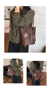 Classic woven tote shoulder bag for women, stylish daily commuter handbag with small pouch.