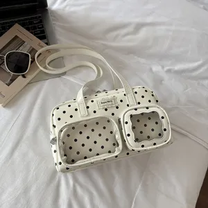 White polka dot ita bag, cute Japanese style handbag with double clear front pockets.