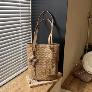 Women's Woven PU Leather Tote Bag Large Capacity Casual Commuter Shoulder Handbag With Pouch And Floral Pendant
