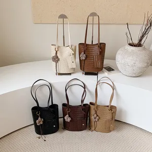 Woven bucket bag stylish commuter shoulder tote bag minimalist daily handbag set.