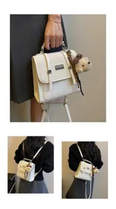 Stylish white leather backpack for women, preppy style casual school bag with cute bear charm