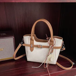 Women Retro Contrast Color Bucket Bag PU Leather Fashion Commuting Shoulder Crossbody Bag With Mini Straw Hat Pendant