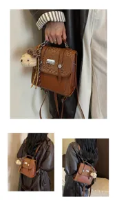 Stylish women backpack college style casual brown leather bookbag with cute bear plush pendant.
