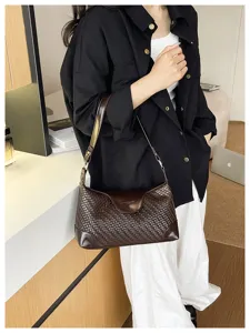 Woven leather shoulder bag for women, chic vintage hobo handbag with flap, brown commuter purse.