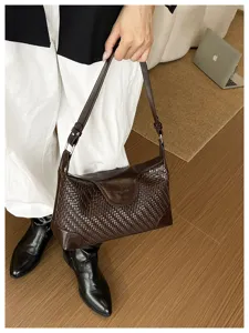 Women brown woven leather underarm shoulder bag stylish vintage commuter handbag daily use