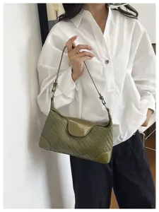 Stylish olive green woven leather shoulder bag for women, trendy underarm hobo bag daily commute.